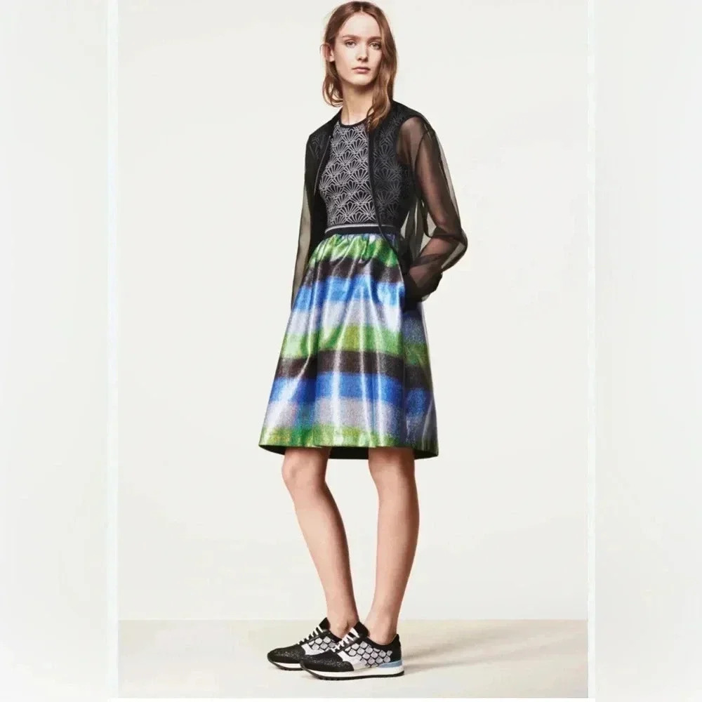 Markus Lupfer Women's Blue Green Nautical Glitter Pleated Skater A-Line Skirt-S